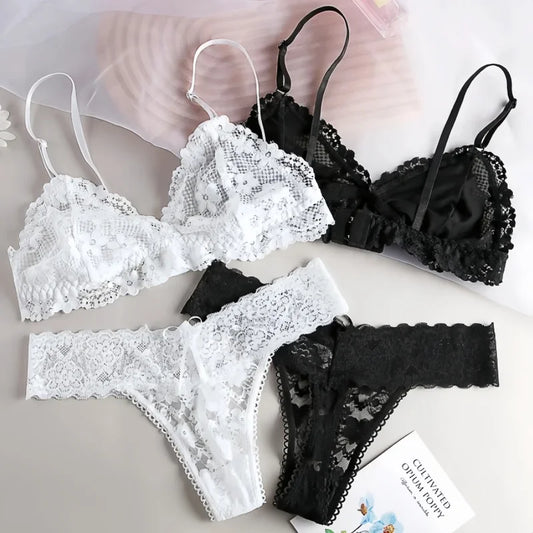 Women Lace Bra And Panties Set Wireless Bralette Low Waist Thongs Sexy