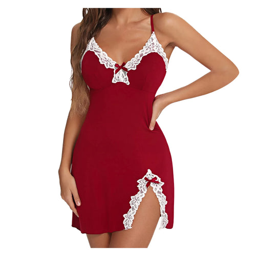Sexy Sleepwear Women Lace Silk Satin V-Neck Nightgown Split Hem Soft