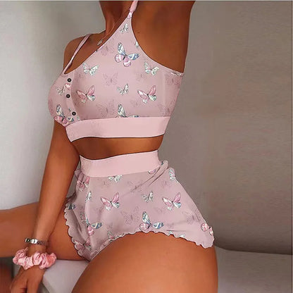 2 Pieces Set Women's Pajama Shorts Suit Multiple Print Underwear Sexy