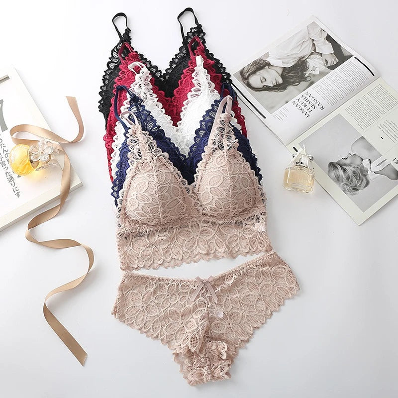 Sexy Lace Women Underwear Set Seamless Wire Free Bra Sets Hollow Out