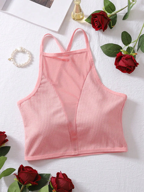 Solid Contrast Mesh Cami Top, All-matchCriss Cross Crop Cami Top,