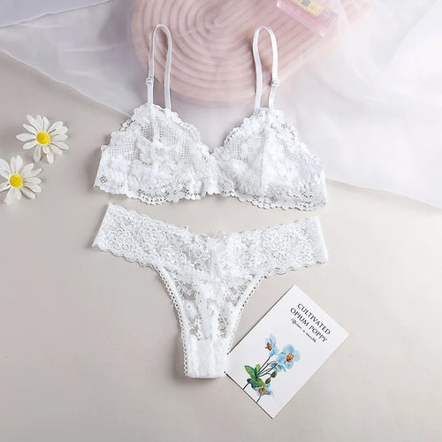Women Lace Bra And Panties Set Wireless Bralette Low Waist Thongs Sexy