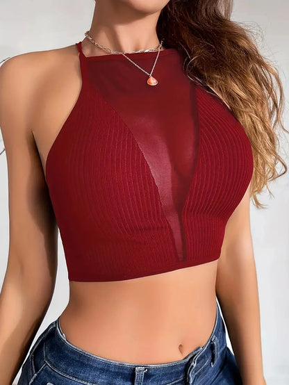 Solid Contrast Mesh Cami Top, All-matchCriss Cross Crop Cami Top,