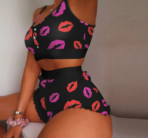 2 Pieces Set Women's Pajama Shorts Suit Multiple Print Underwear Sexy