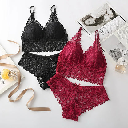 Sexy Lace Women Underwear Set Seamless Wire Free Bra Sets Hollow Out