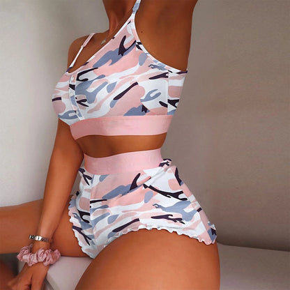 2 Pieces Set Women's Pajama Shorts Suit Multiple Print Underwear Sexy