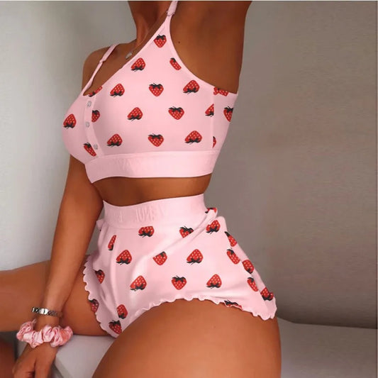 2 Pieces Set Women's Pajama Shorts Suit Multiple Print Underwear Sexy