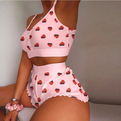 2 Pieces Set Women's Pajama Shorts Suit Multiple Print Underwear Sexy