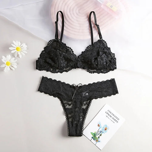 Women Lace Bra And Panties Set Wireless Bralette Low Waist Thongs Sexy
