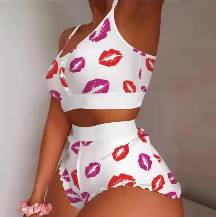 2 Pieces Set Women's Pajama Shorts Suit Multiple Print Underwear Sexy